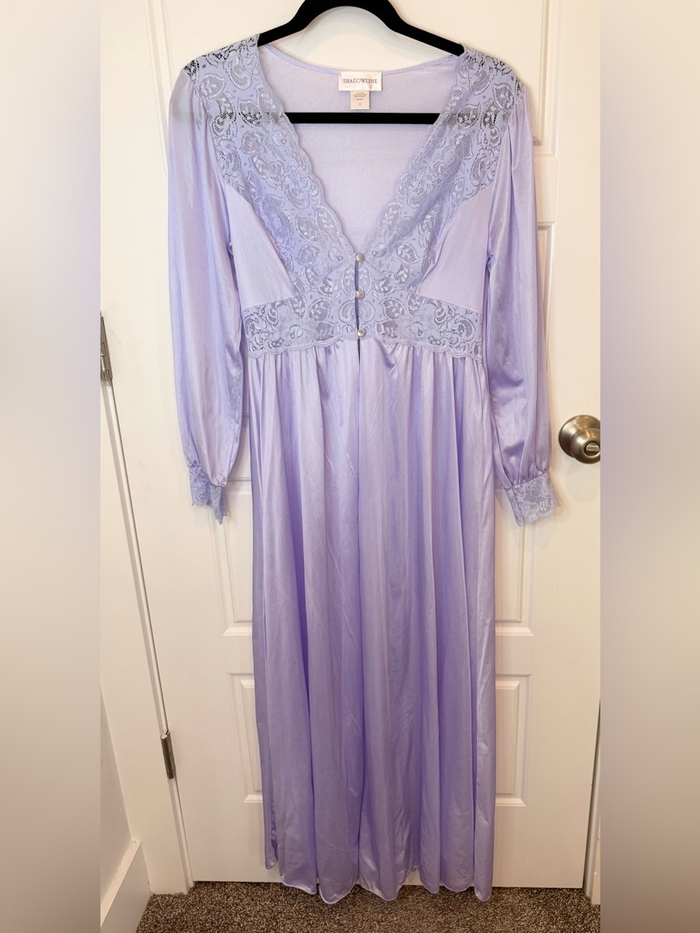 Shadowline VTG Peignoir Robe Long Silky Nylon Lace Bodice Gown Size Small Bridal